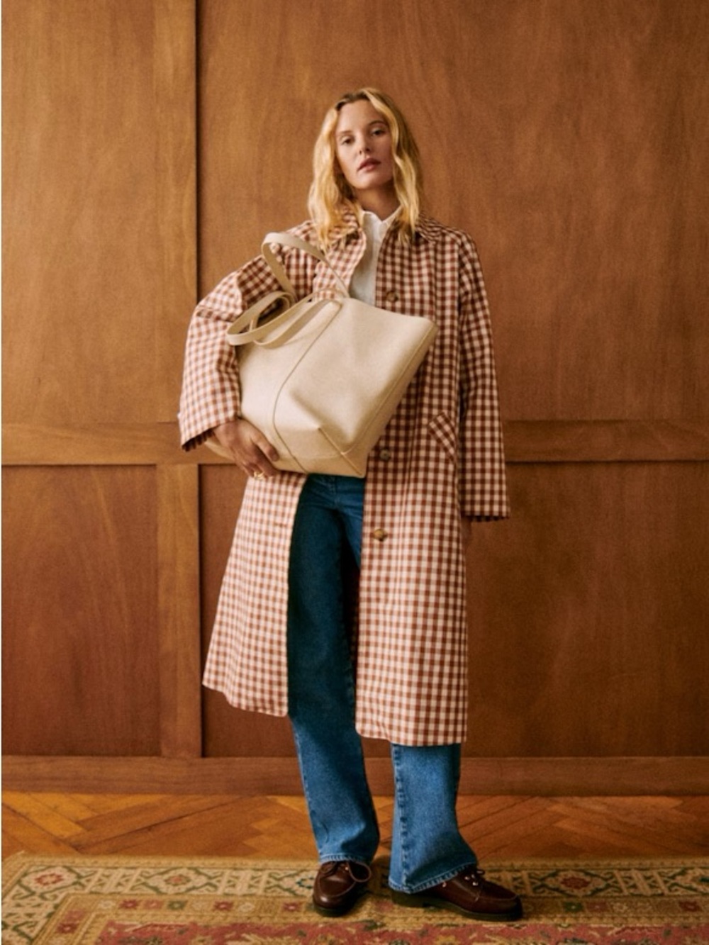 Sezane Clyde Long Rust White Gingham size 38 brown Viral fall Trench Coat check